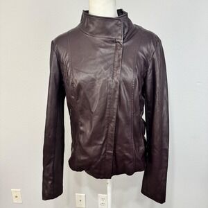 Sam Edelman Jacket Womens Large Brown Faux Leather Moto Zip Pockets Stand Collar